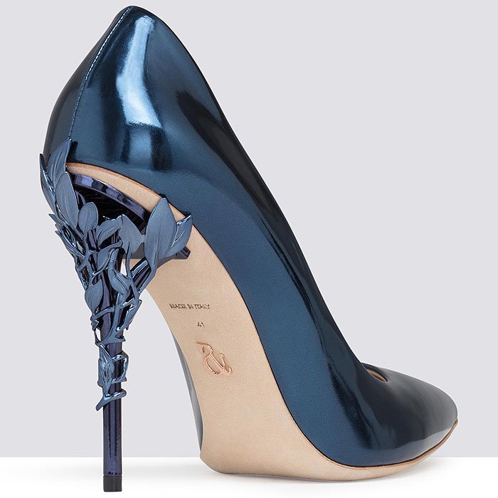 Ralph Russo Eden Heel Pumps in petrol blue mirror with petrol blue leaves