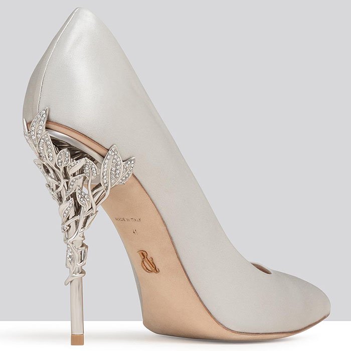 Ralph Russo Eden Heel Pumps in silver satin with silver Swarovski crystal leaves