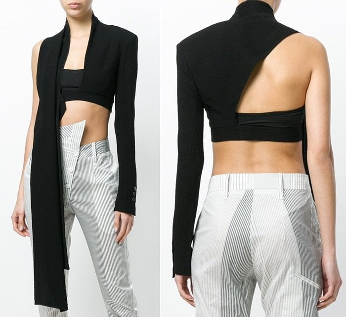 Black asymmetric-sleeve crop top from Lost  Found Ria Dunn