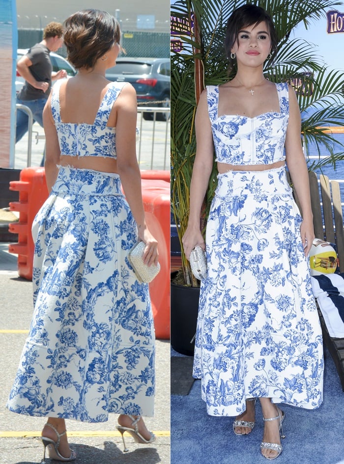 Selena Gomez looked lovely in a white and blue floral Oscar de la Renta bustier top and midi skirt