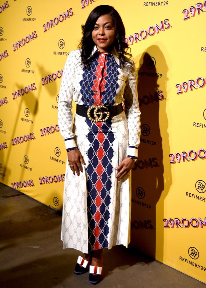 Taraji P. Henson steps out in a head-to-toe Gucci Resort 2018 look, complete with a matching logo-print shirt and pleated midi skirt cinched by a pearl-embellished belt