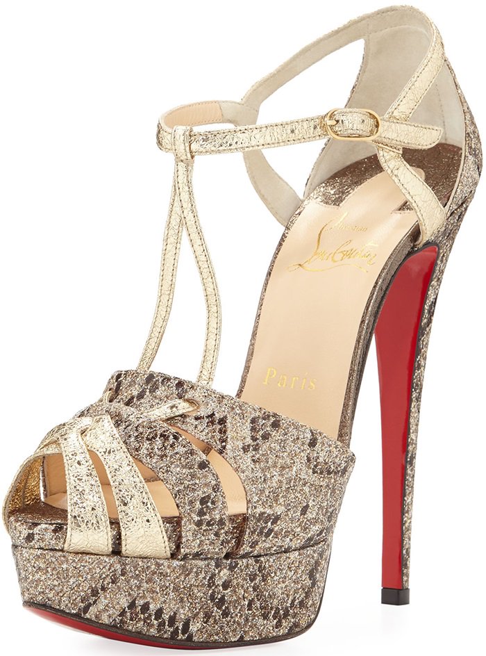 Brown Christian Louboutin 'Glennalta' Glitter T-Strap 150mm Red Sole Sandals