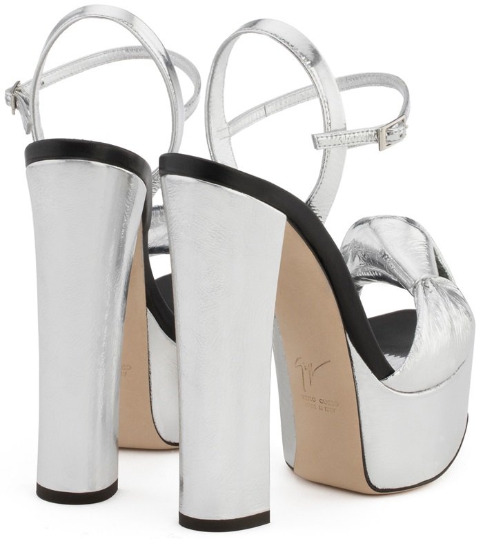 Silver-toned leather Barbra sandals featuring an open toe, a knot detail, a branded insole, a platform sole and a high block heel.