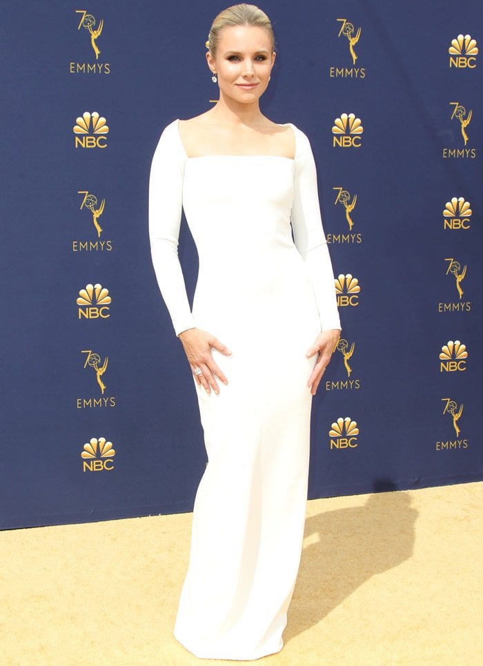 Kristen Bell in a striking square neck and figure-flattering Lolita dress from the Solace London Fall 2018 Collection