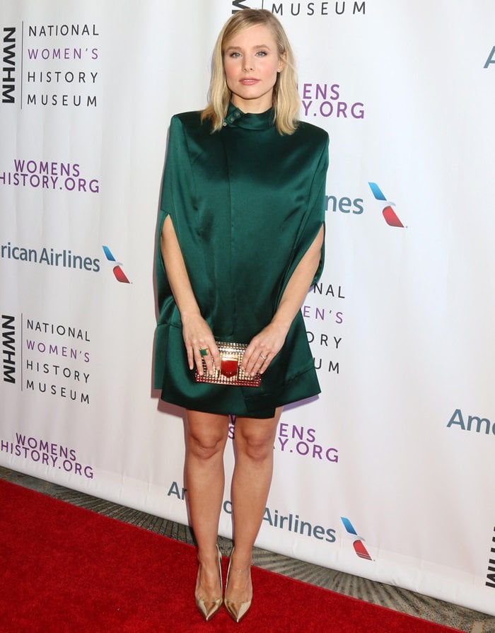Kristen Bell in a satin cape from the August Getty Atelier Spring 2018 Couture Collection