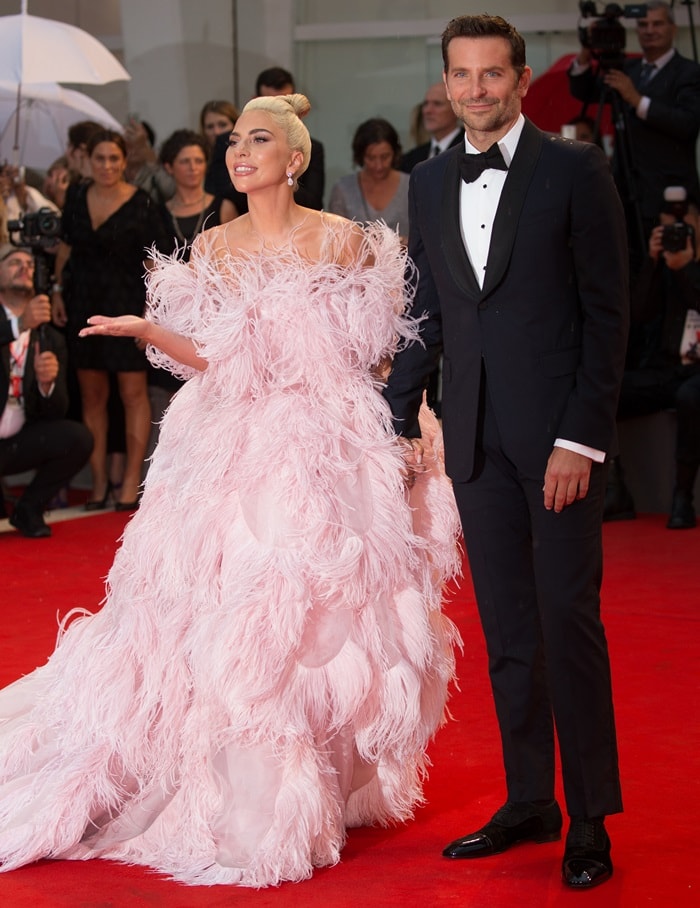 Lady Gaga's co-star, Bradley Cooper, in a classic Gucci tuxedo with a white button-down shirt and Christian Louboutin shoes
