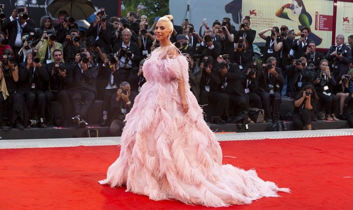 Lady Gaga in a stunning feathered gown at the premiere screening of 'A Star Is Born' held during the 2018 Venice Film Festival at Sala Grande in Venice, Italy, on August 31, 2018