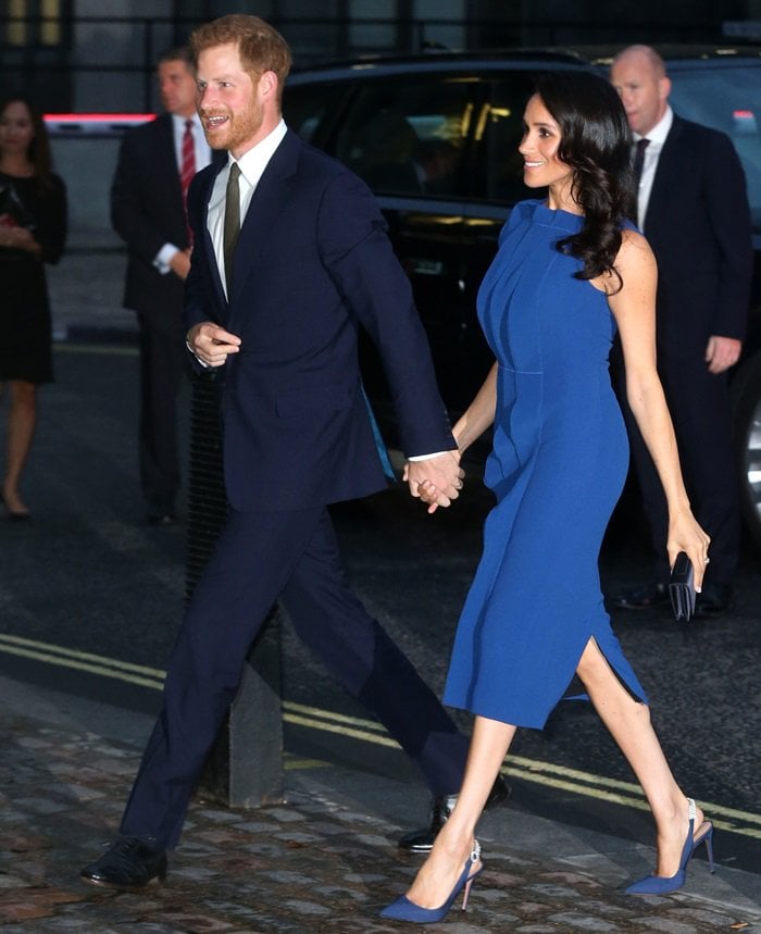 Meghan Markle wearing Portrait of Lady sling pumps in admiral blue by Aquazzura