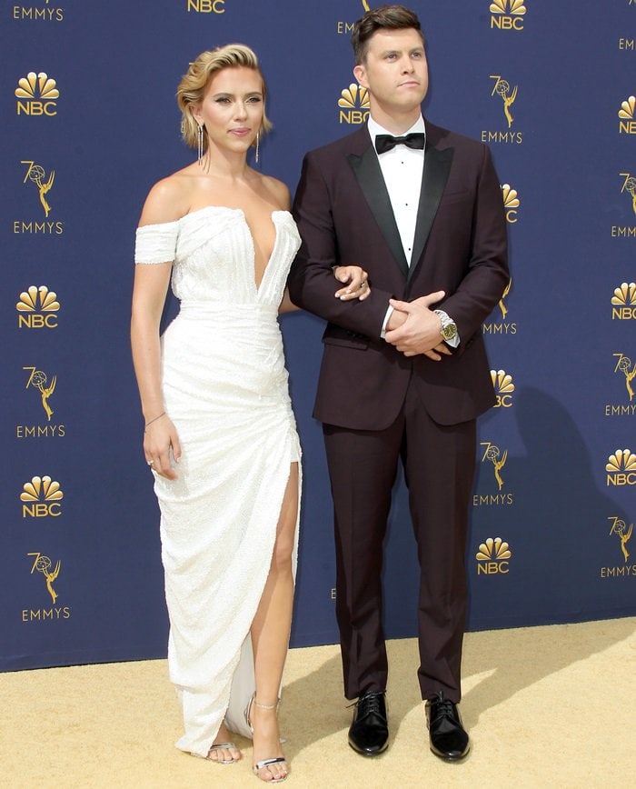 Scarlett Johansson and Colin Jost walked the red carpet together at the 2018 Emmy Awards held at the Microsoft Theater in Los Angeles on September 17, 2018