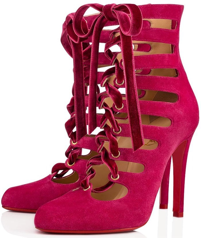Christian Louboutin Spinetita Cutout Laced Pink Suede Booties