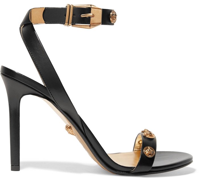 Black Leather Versace Embellished Leather Sandals