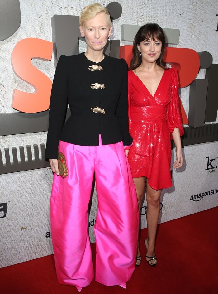 Tilda Swinton and Dakota Johnson on the red carpet at the premiere of Suspiria at the ArLight Cinerama Dome in Hollywood on October 24, 2018