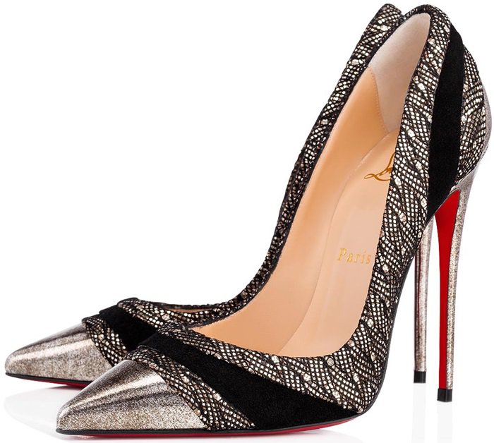 Christian Louboutin Eklectica 120mm pumps combine silver metallic cap toes, black suede panels, textured uppers, and signature red soles