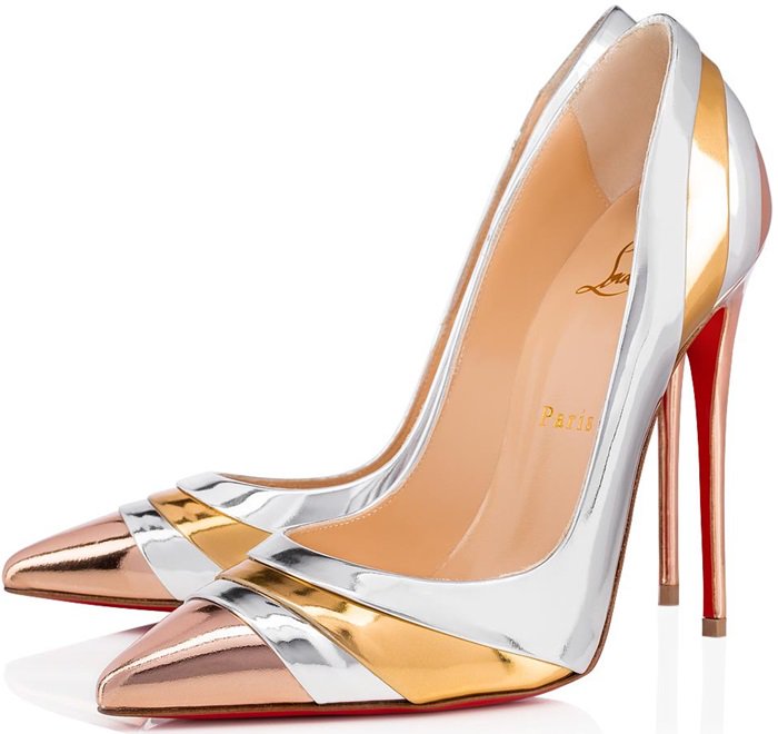 Christian Louboutin Eklectica 120mm pumps feature overlapping silver, gold, and rose-gold mirrored-leather panels