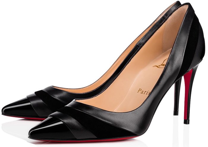 Christian Louboutin Eklectica 85mm black pumps mix smooth leather, patent cap toes, and curved tonal panels
