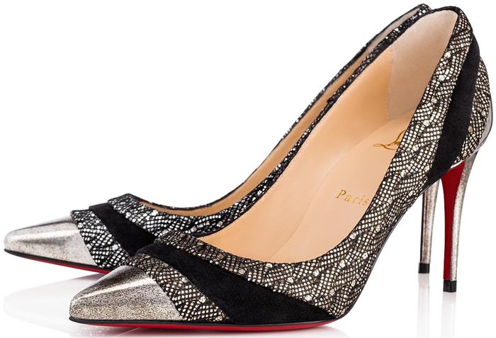 Christian Louboutin Eklectica 85mm pumps pair silver pointed toes with textured metallic leather and sweeping black suede panels