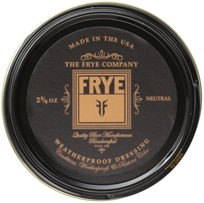 Frye Leather Conditioning Cream in a round black tin, designed to waterproof and restore leather boots and shoes