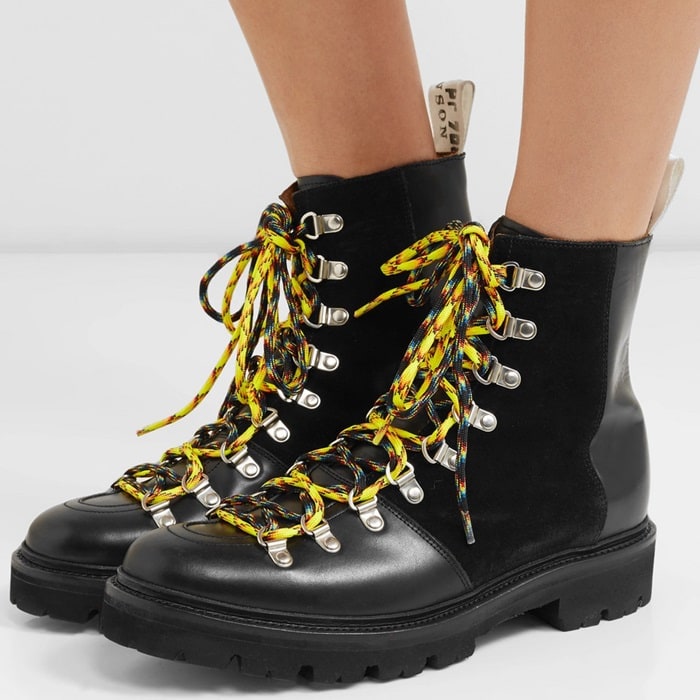 House of Holland × Grenson hiking boots crafted from smooth black leather and suede, finished with colorful macramé laces and rugged lug soles