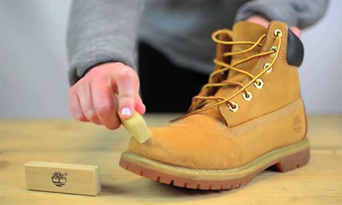 Using a cleaning eraser helps gently remove scuffs and stains from your Timberlands without damaging the delicate nubuck surface