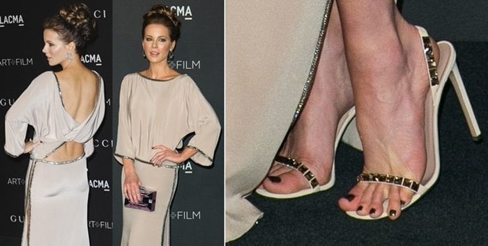 Kate Beckinsale's feet in strappy high heels show her toes slightly escaping over the edge