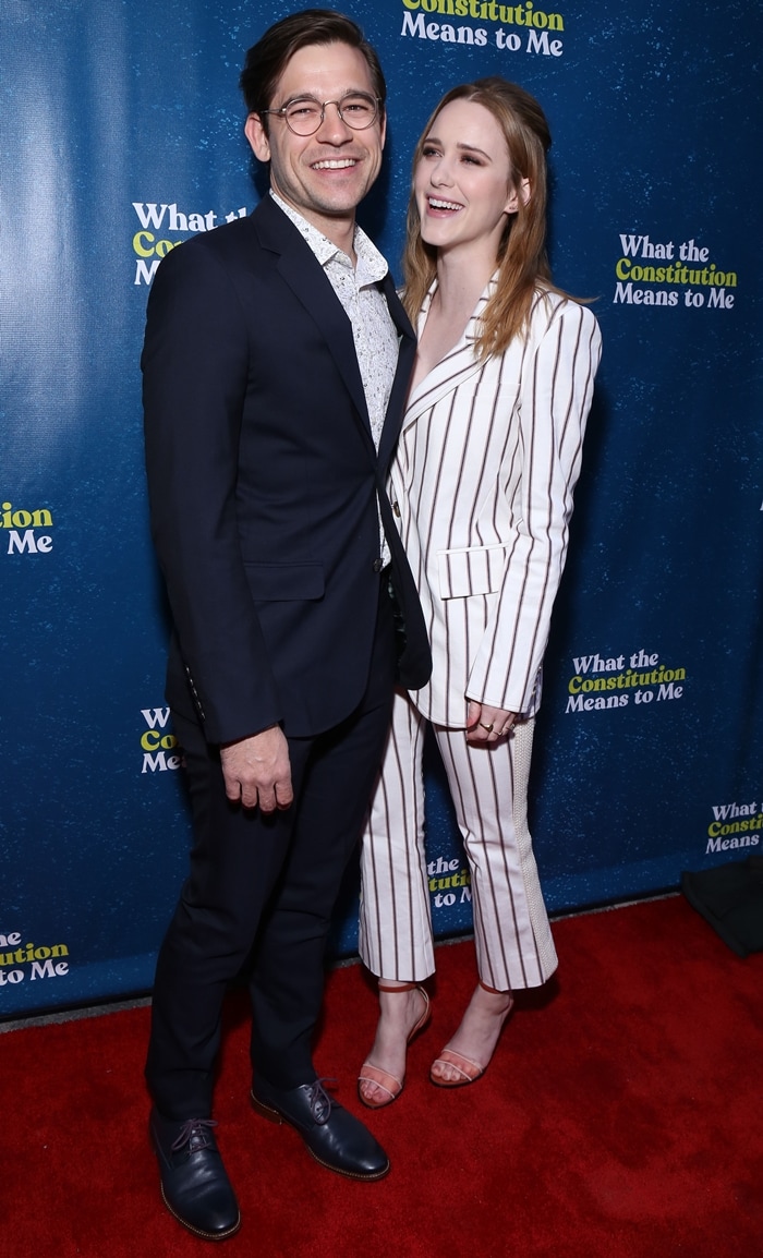 Rachel Brosnahan and her husband Jason Ralph attend the opening night of 'What the Constitution Means to Me' at the Helen Hayes Theater in New York City on March 31, 2019