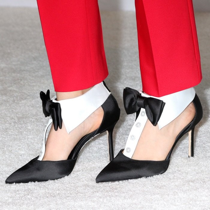 Sky Katz rocks tux-inspired t-strap pumps