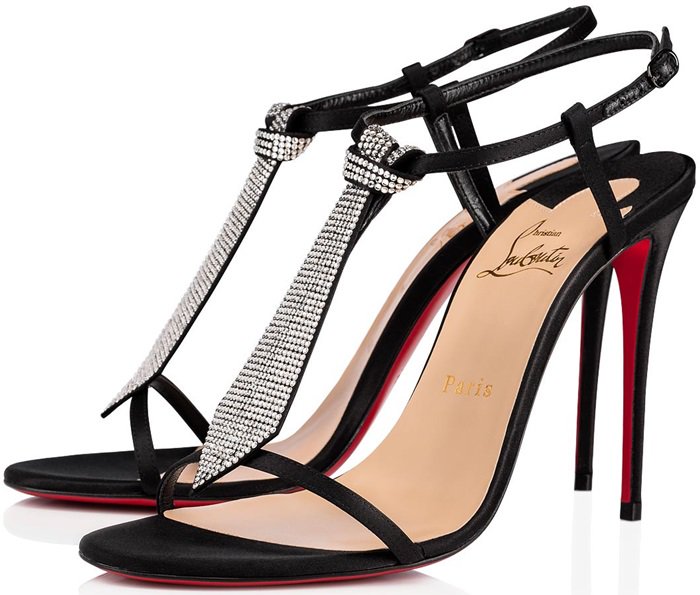 Inspired by muses in the cabaret, this necktie-profile T-strap sandal expresses audacity and subtlety