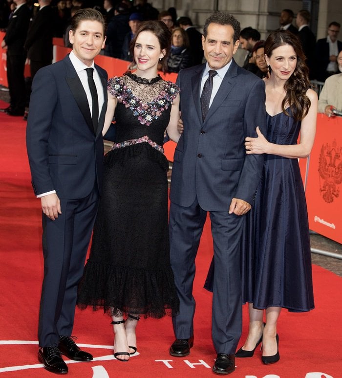 Tony Shalhoub, Rachel Brosnahan, Marin Hinkle, and Michael Zegen pose at the UK premiere of Amazon Prime Video's The Romanoffs in London, England, on October 2, 2018