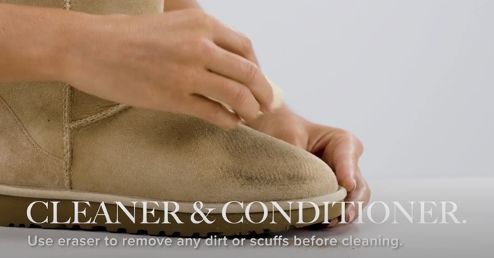 Use a suede eraser to gently lift scuffs and surface stains before applying cleaner, working lightly to protect the soft suede texture
