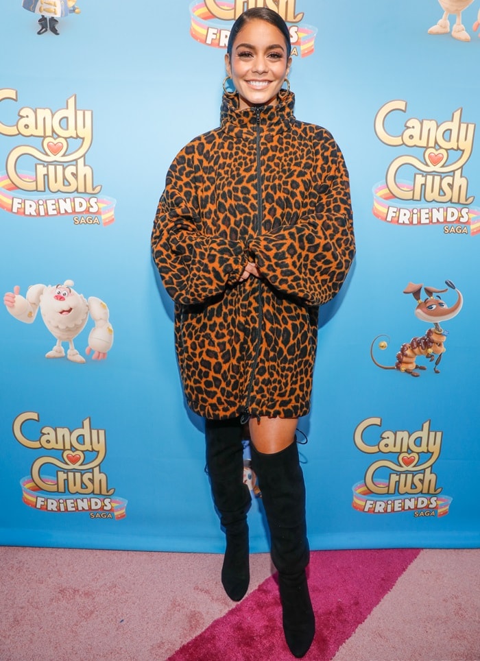 Vanessa Hudgens wearing a leopard fleece print sweatshirt to the launch of the new Candy Crush Friends Saga game in New York City on October 11, 2018