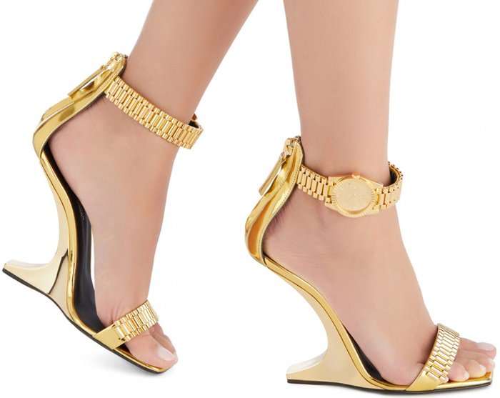 Gold Sandals With Metal Watch Buckle-Fastening
