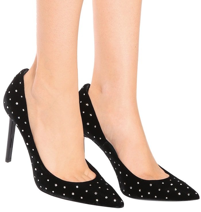 These black and silver-toned leather and velvet Anja pumps are a wardrobe staple piece and exude glamour