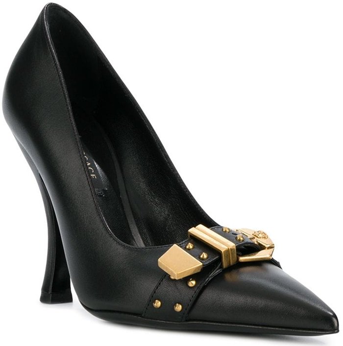 Black calf leather and leather buckled front pumps from Versace featuring a pointed toe, a branded insole, a gold-tone buckle fastening, and a high heel