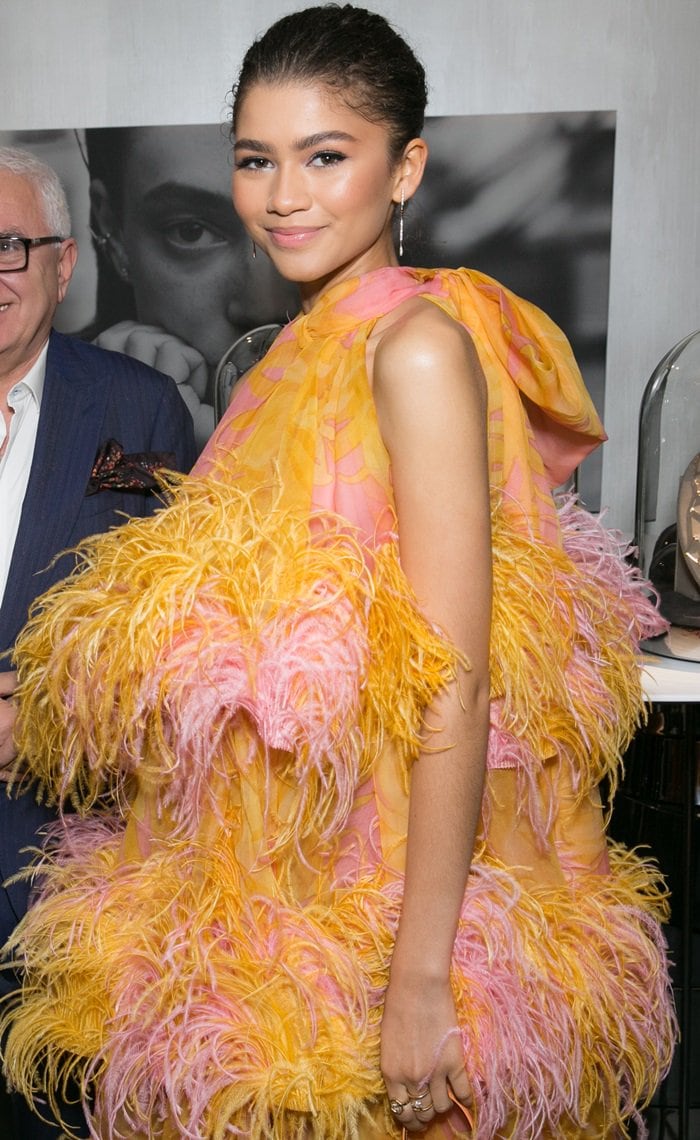 Zendaya's big bird Marc Jacobs Spring 2019 dress at jewelry brand Âme‘s launch event at the Eric Buterbaugh Gallery in Los Angeles on December 13, 2018