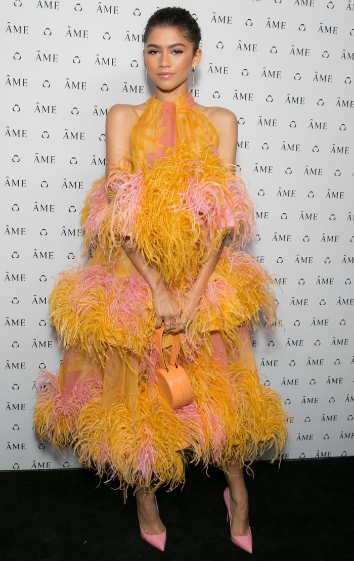 Zendaya in an adorable orange and pink ostrich feather dress with pink pointy-toe pumps from Christian Louboutin