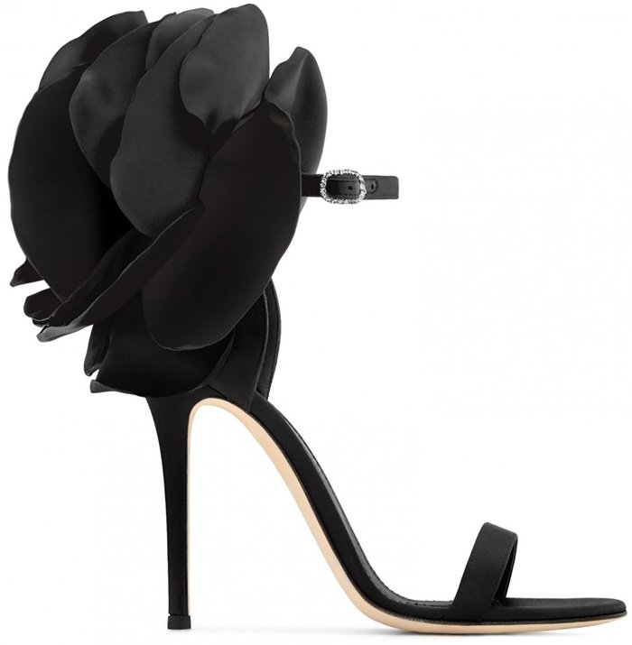 Black Blooming Flower Peony Ankle Strap Sandals