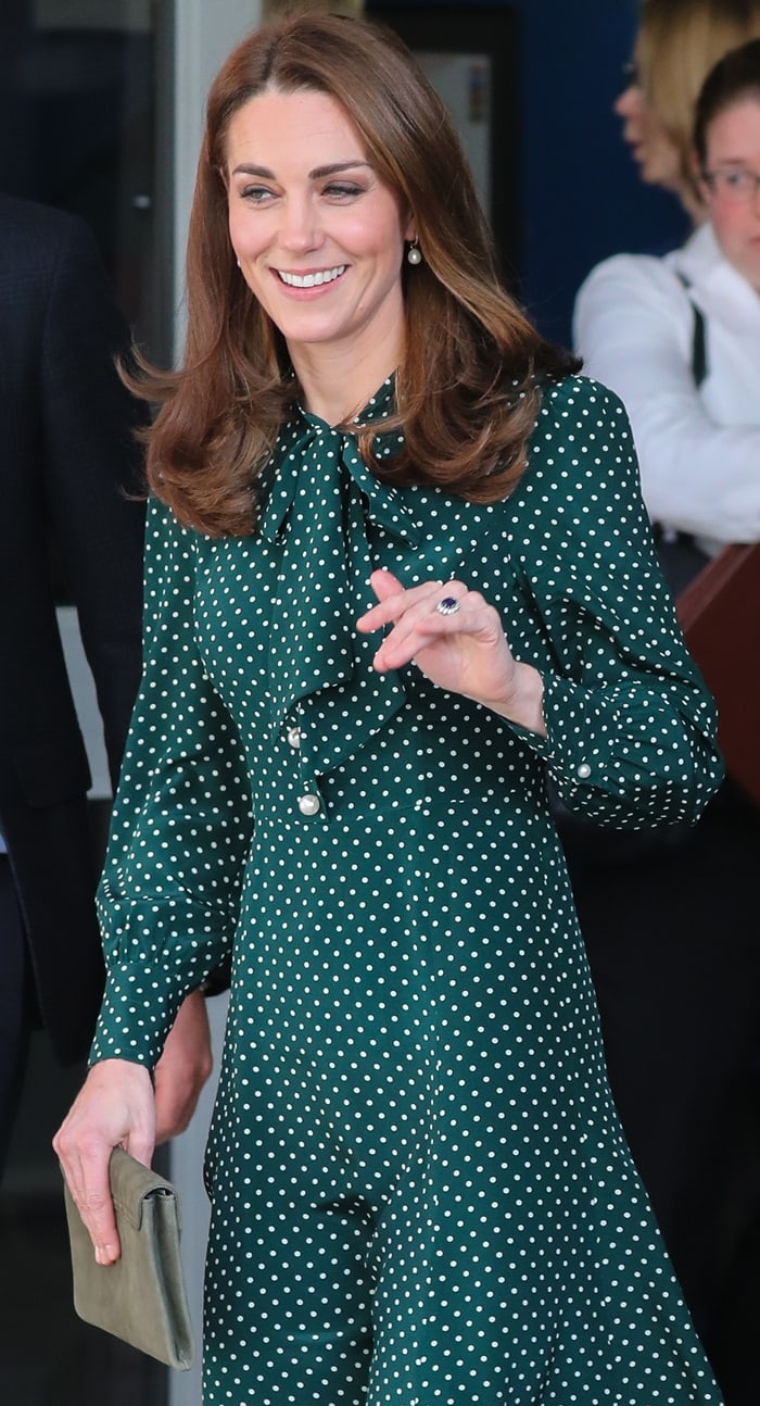 Catherine, Duchess of Cambridge (aka Kate Middleton) totes L.K.Bennett's Dora suede clutch in khaki