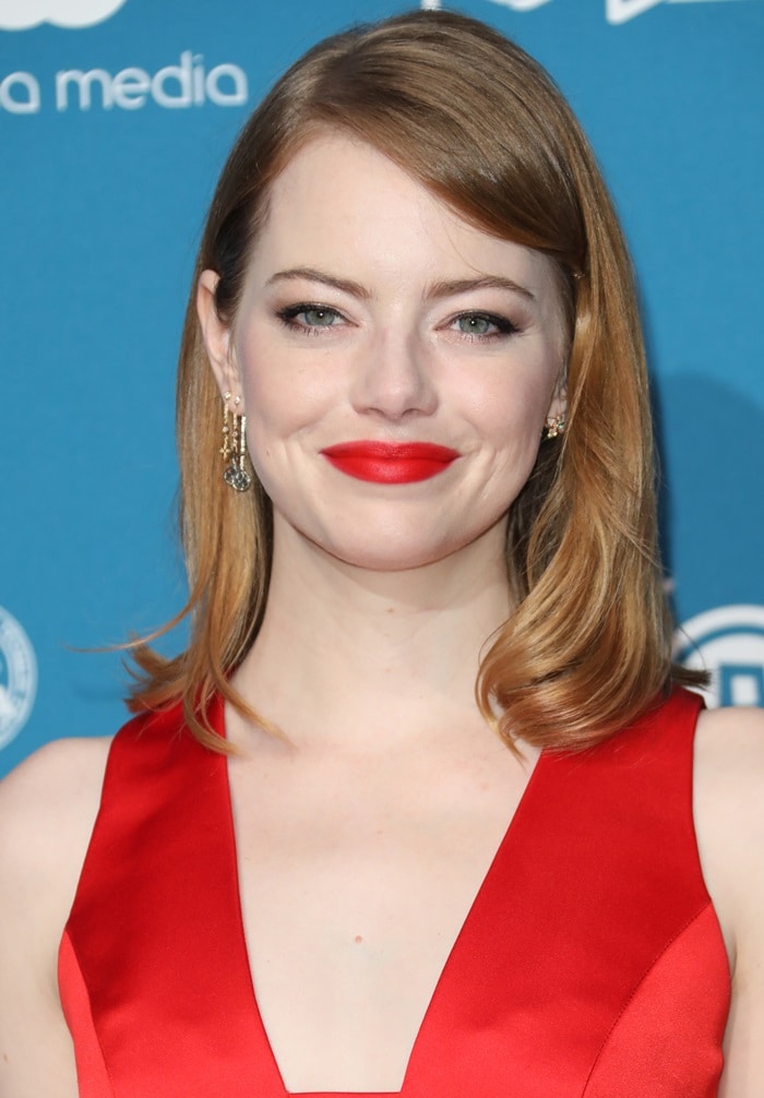 Emma Stone's pillar box red lips at the 2018 British Independent Film Awards (aka the BIFAs) at Old Billingsgate in London, England, on December 2, 2018