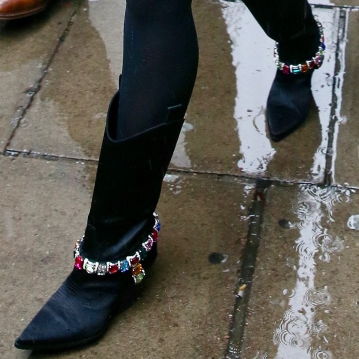 Miley Cyrus' crystal-embellished Rodeo satin boots from Casadei