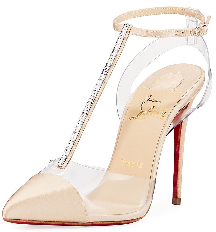 Christian Louboutin 'Nosy' Satin-and-PVC T-Strap Pumps in Beige