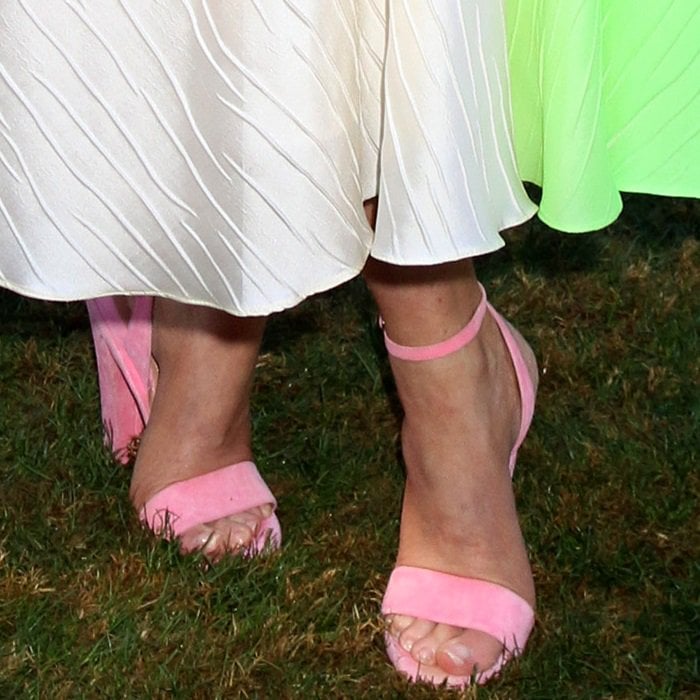 Emily Blunt flaunts her perfectly pedicured toes in soft pink Brian Atwood Crawford sandals