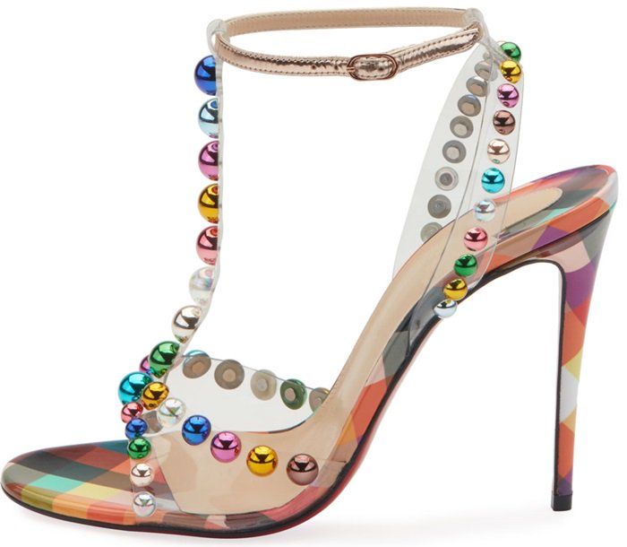 These sandals are constructed of gold Specchio leather, multicolored patent leather, and clear PVC