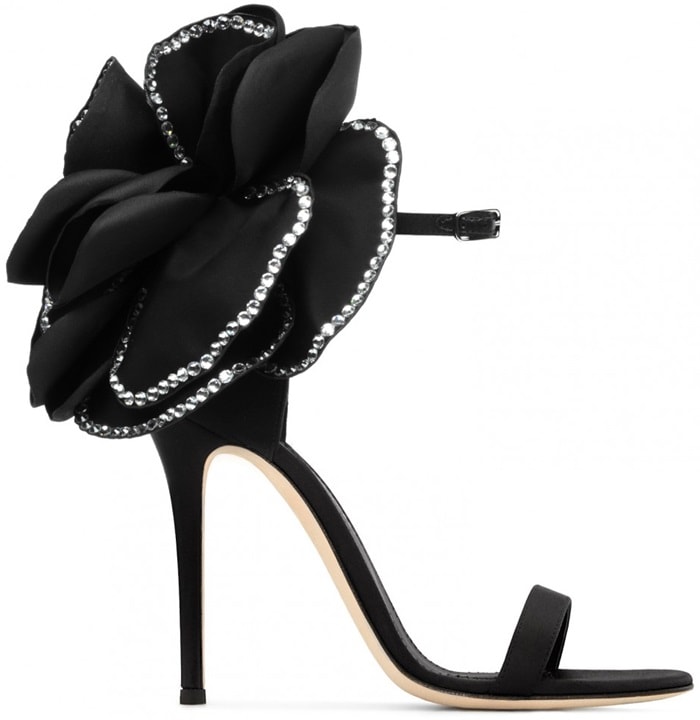 These couture sandals are made from black satin and adorned with the Peony Flower application trimmed with crystals