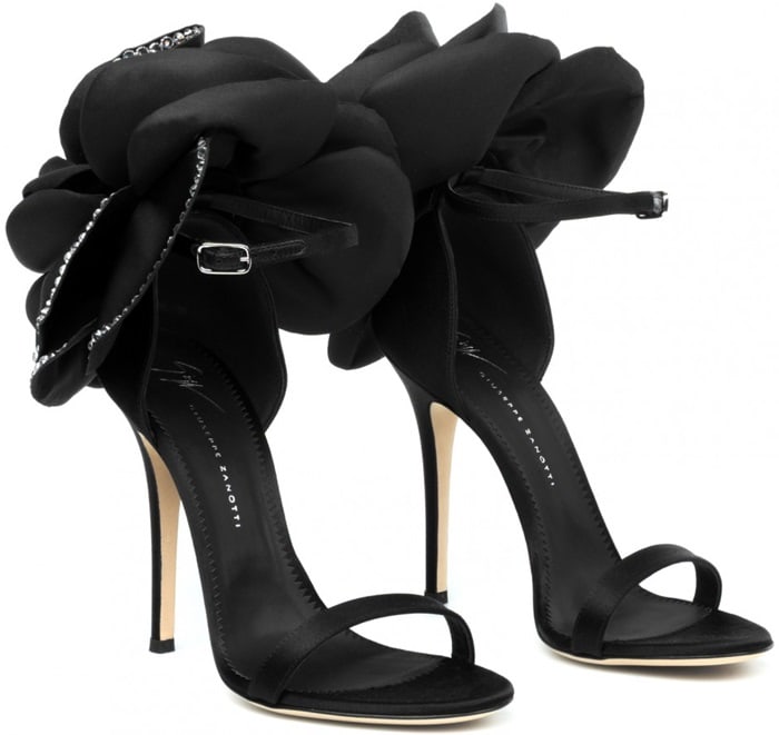 These couture sandals are made from black satin and adorned with the Peony Flower application trimmed with crystals
