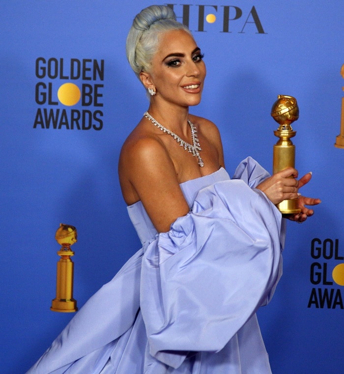 Lady Gaga with blue hair at the 2019 Golden Globe Awards at the Beverly Hilton Hotel in Beverly Hills, California, on January 6, 2019