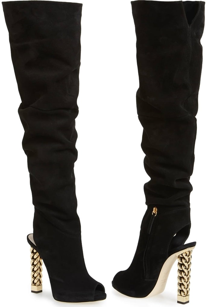 This slouchy over-the-knee boot makes a glam statement with a golden curb-chain heel