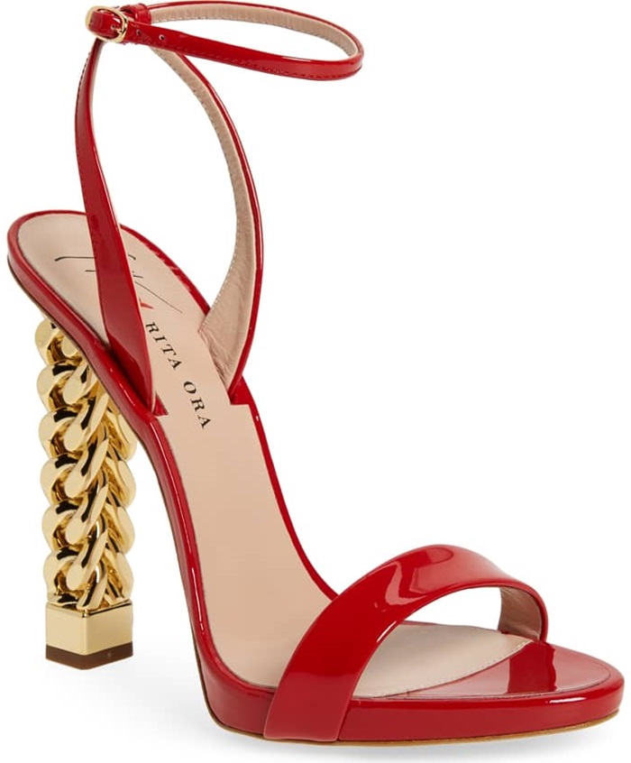 This red patent sandal makes a glam statement with a golden curb-chain heel