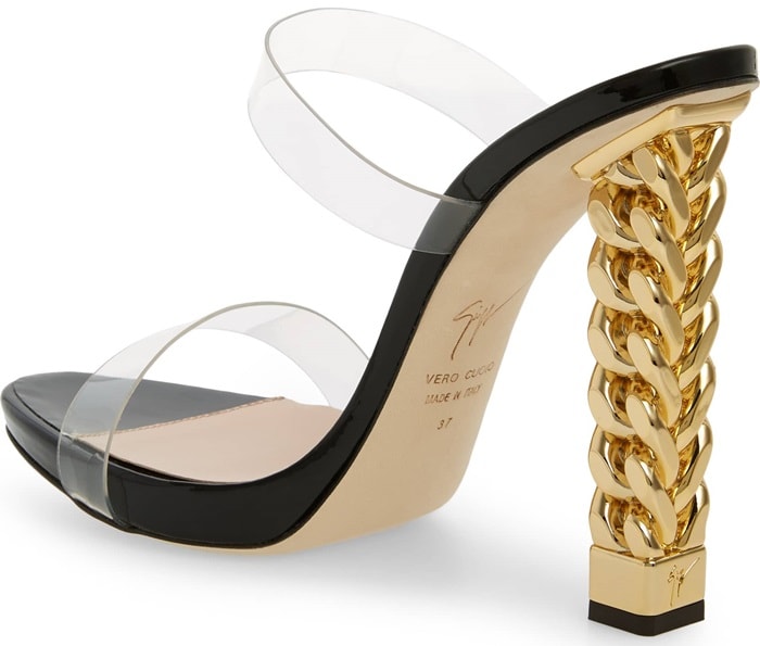 As enchanting as Cinderella's glass slipper, but much more wearable, this playful Italian sandal is styled with transparent straps and a golden curb-chain heel.