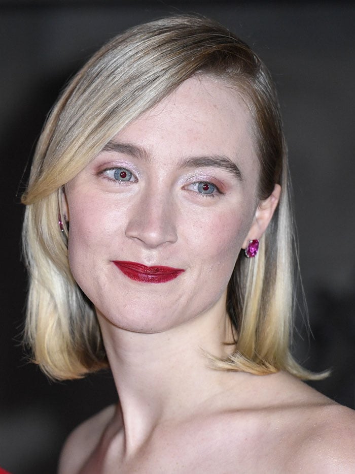 Saoirse Ronan re-wearing her Anabela Chan pink-stone earrings at the "Mary Queen of Scots" premiere