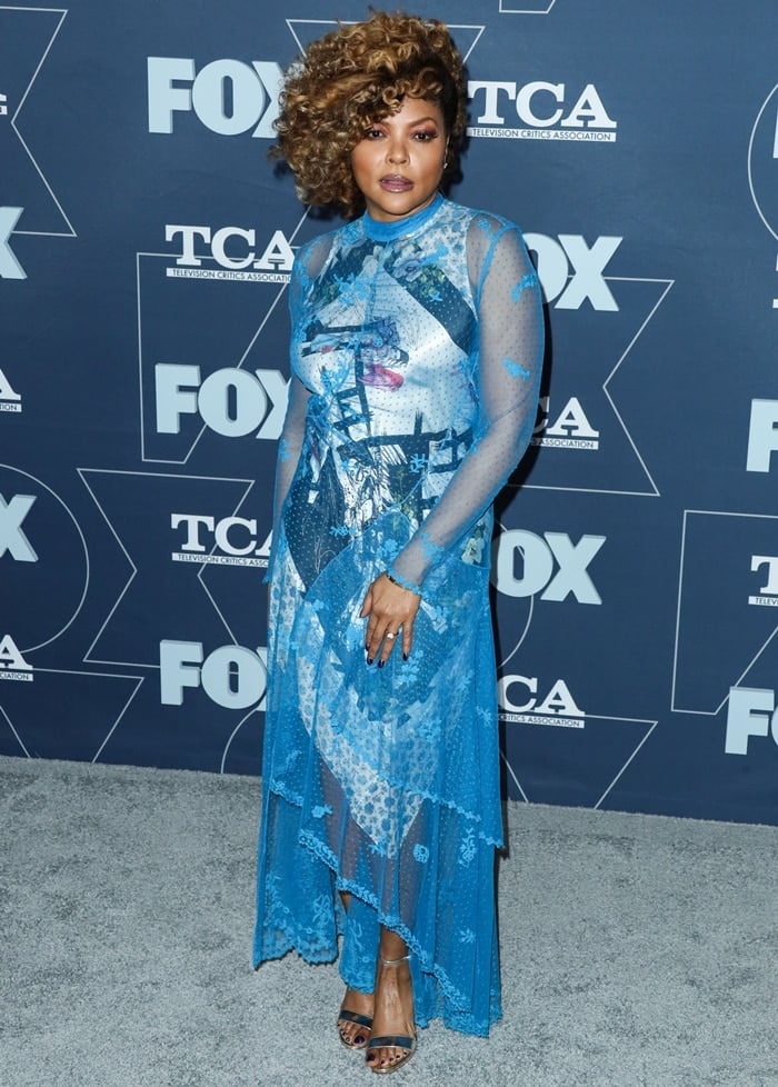 Taraji P. Henson wore a blue Preen by Thornton Bregazzi Spring 2020 ensemble at the FOX Winter TCA All-Star Party